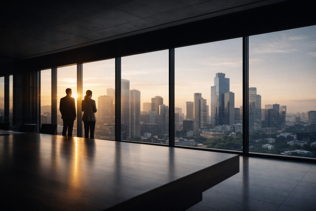 Strategisch overleg over AI-integratie in moderne boardroom met skyline.